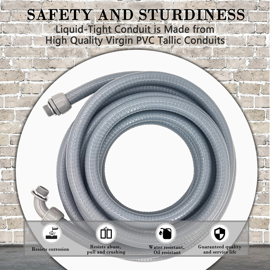 Wocloer Liquid-Tight Conduit - 3/4inch 25 Foot Flexible Non Metallic Liquid Tight Electrical Conduit Kit, With 4 Straight and 3 90-Degree Conduit Connector Fittings.3/4" Dia