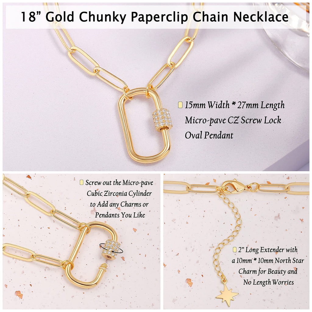 Aobei Pearl 18K Gold Paperclip Chain Necklace Fashion CZ Pave Oval Screw Lock Carabiner Clasp Pendant Necklace Geometric Link Chain Layering Jewelry for Women