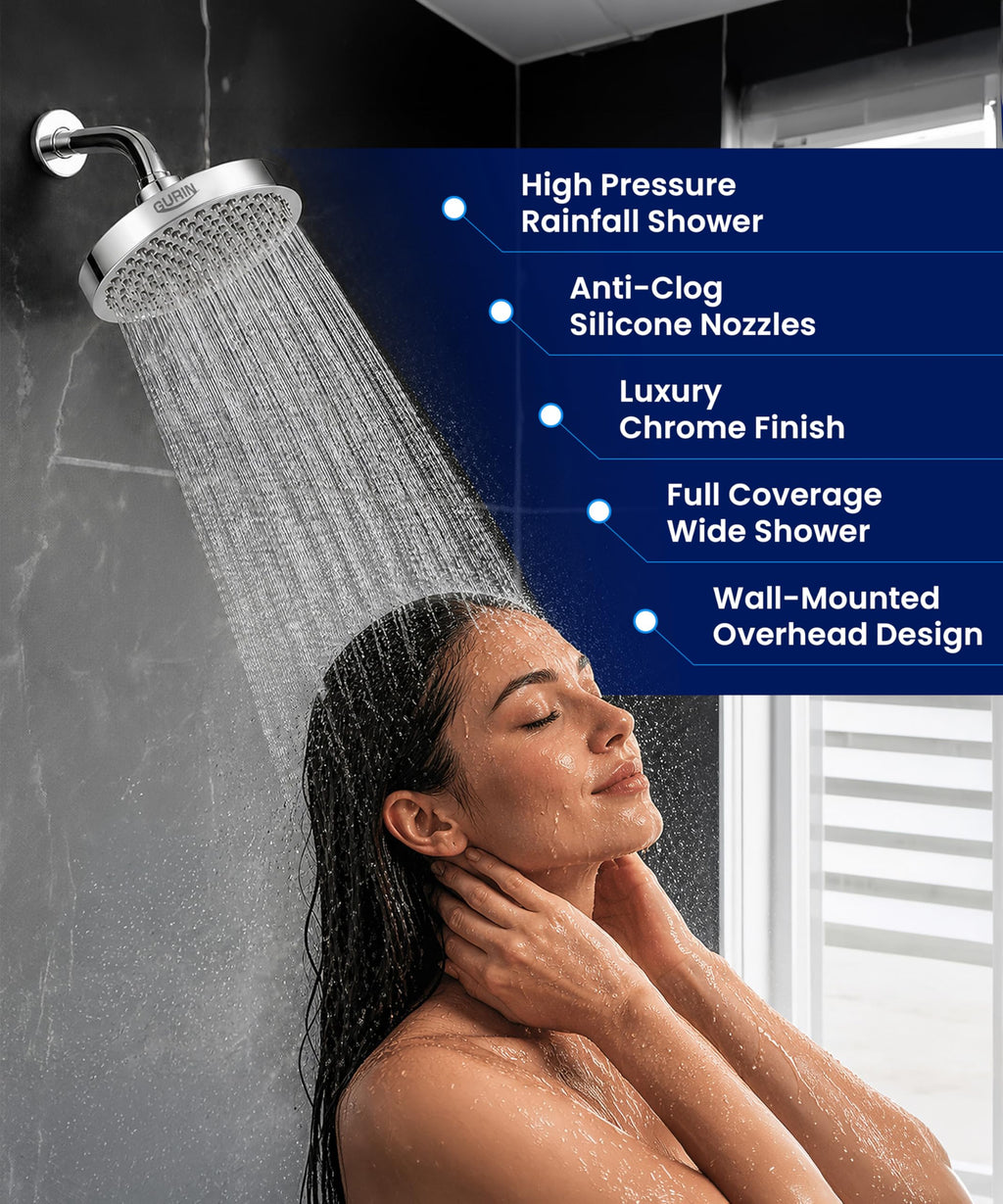 GURIN Shower Head - Powerful High Pressure Rain Shower Head 6 Inch - Luxury Rainfall Showerhead with Adjustable Angles, 90 Anti-Clog Nozzles, Tool-Free 1-Min Install, Premium Polished Chrome Finish