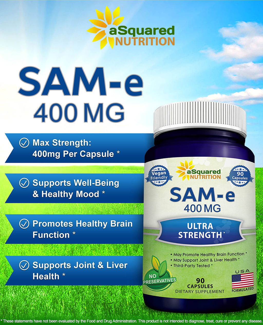 aSquared Nutrition SAM-e 400mg Supplement - 90 Capsules - Same (S-Adenosyl Methionine) to Support Mood, Joint Health, and Brain Function - Extra Strength Vegan SAM e Pills