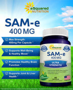 aSquared Nutrition SAM-e 400mg Supplement - 90 Capsules - Same (S-Adenosyl Methionine) to Support Mood, Joint Health, and Brain Function - Extra Strength Vegan SAM e Pills