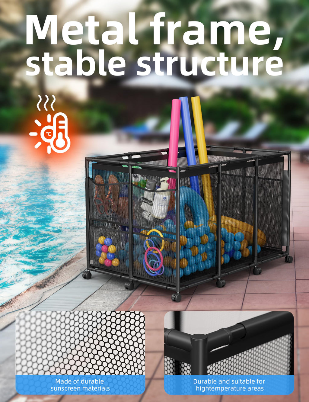POOLHOUR Pool Float Storage – Outdoor Pool Toy Storage Organizer for Pool Noodles, Toys, Floats, Balls,Equipment, Mesh Rolling Storage Organizer Bin, Black