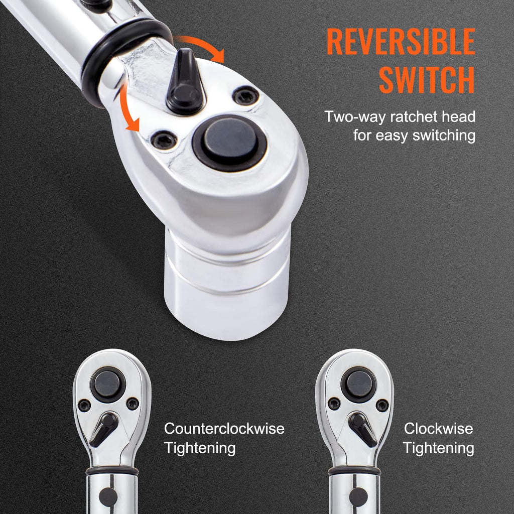 VEVOR 3/8-inch Drive Click Torque Wrench 10-80ft.lb/14-110n.m, Dual-Direction Adjustable Torque Wrench Set with Mechanical Dual Range Scales and Adapters Extension Rod