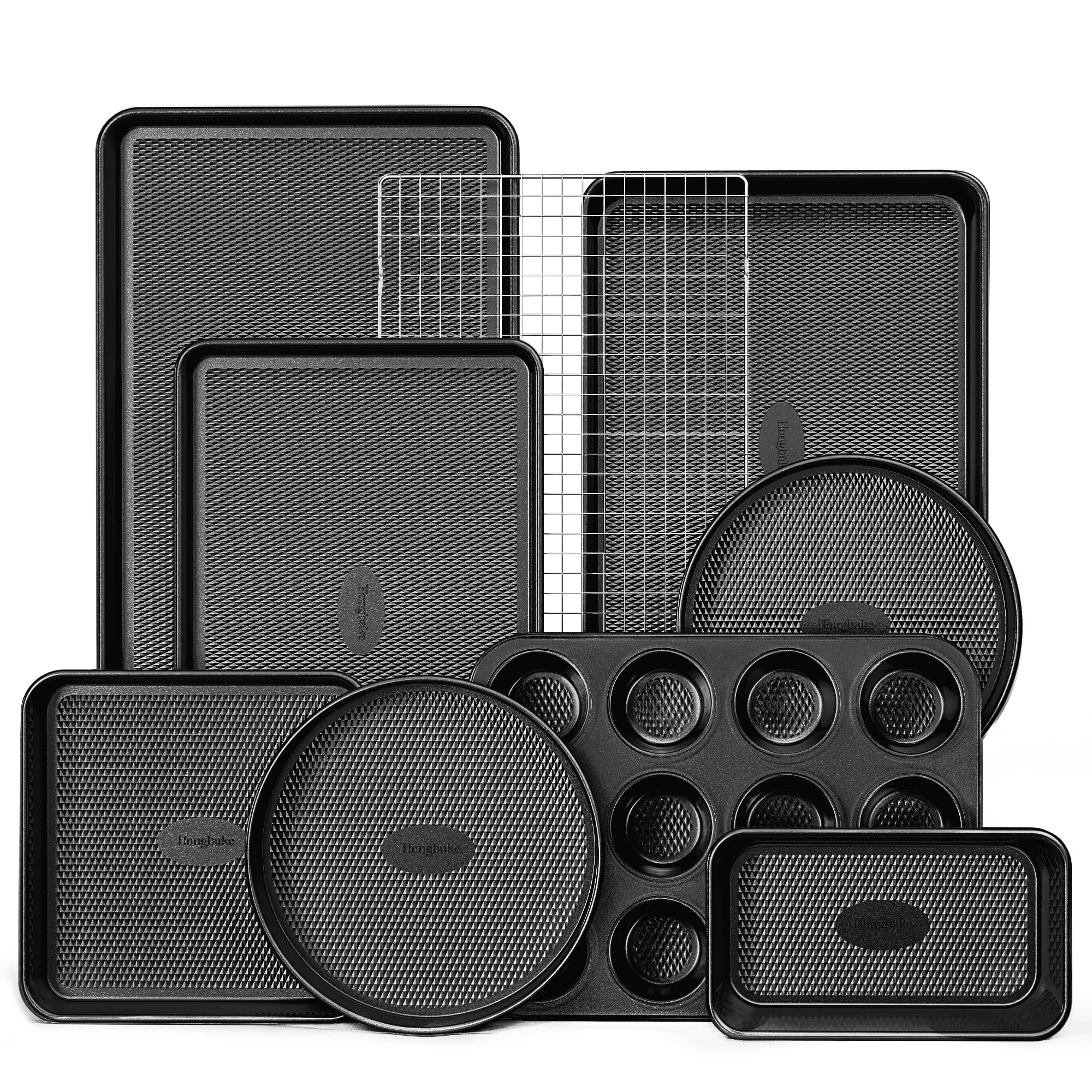 HONGBAKE 9-Piece Baking Pans Set Nonstick, Stackable Non Toxic Bakeware Sets with Diamond Texture, Oven Pan Set for Cooking, Includes Cookie Sheet with Rack, Cake Pan, Roasting Pan, Muffin Tin, Gray