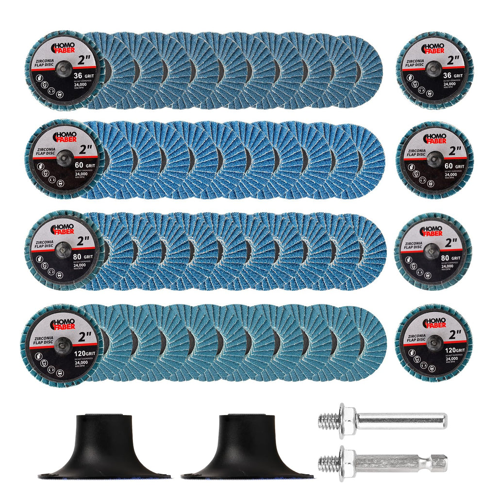 HOMO FABER 50 PCS 2 Inch Flap Discs for Die Grinder with 1/4" Holder | 36/60/80/120 Grit Roll Lock Sanding Discs | Surface Prep, Stripping, Grinding, Polishing, Deburring, Rust & Paint Removal