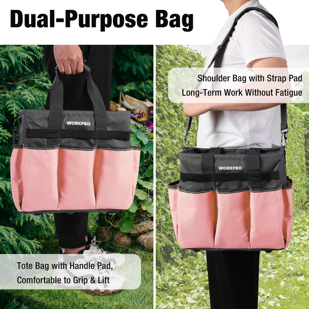 WORKPRO Garden Tool Bag, 10 Pockets and Shoulder Strap, Pink