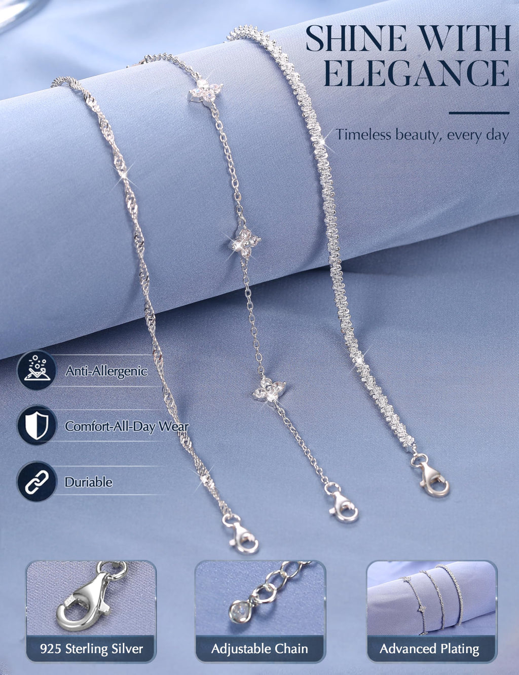 Fansilver 3 Pcs Sterling Silver Bracelets for Women Trendy Stackable Bracelet Set Adjustable Bracelet 925 Sterling Silver Link Chain Cubic Zirconia Bracelets Waterproof Jewelry Set