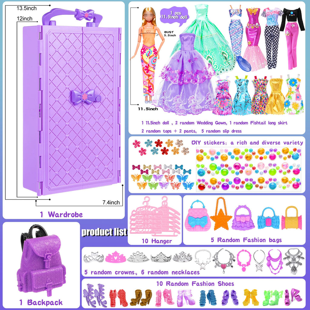 iBayda 92pcs 11.5 inch Girl Doll with Clothes Accessories and Closet Set Including Long Princess Dress Outfits Shoes Handbags Necklaces DIY Bead Stickers for Design Kit Girl Doll Dress Up