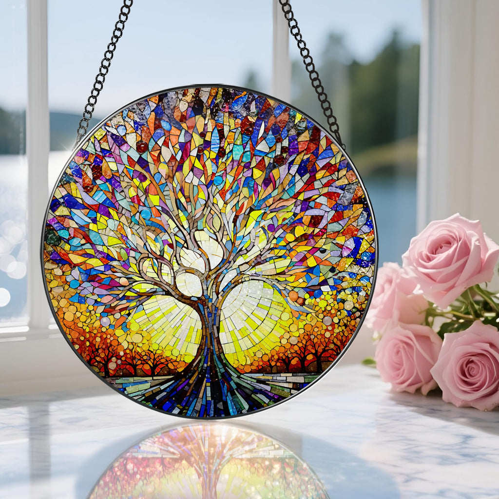 Stained Glass Window Hanging, 8 in Tree of Life Sun Catchers Indoor Window, Stained Glass Suncatcher, Gifts for Women, Her, Wife, Friend and Mom for Mother's Day, Christmas, Birthday