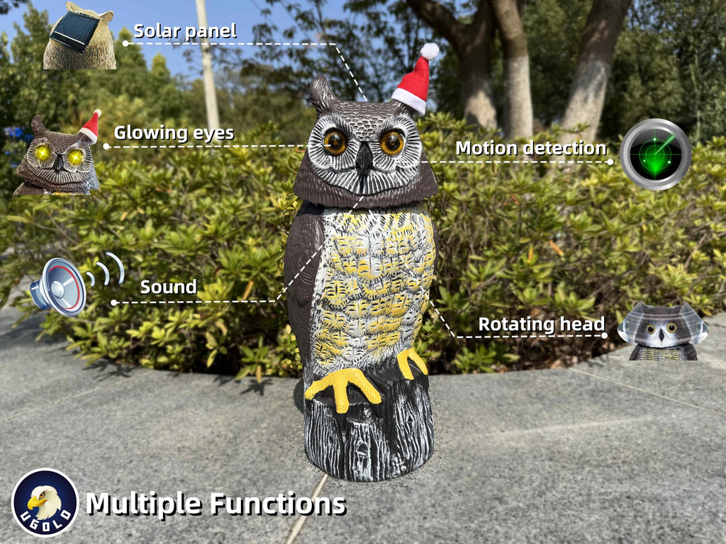 Ugold Solar Powered Owl, Motion Detection, Rotating Head, Realistic Hoots and Silent Mode, Outdoor Statue, Sculpture, Owl Decoration with a Christmas Hat for Home, Garden, Patio and Lawn