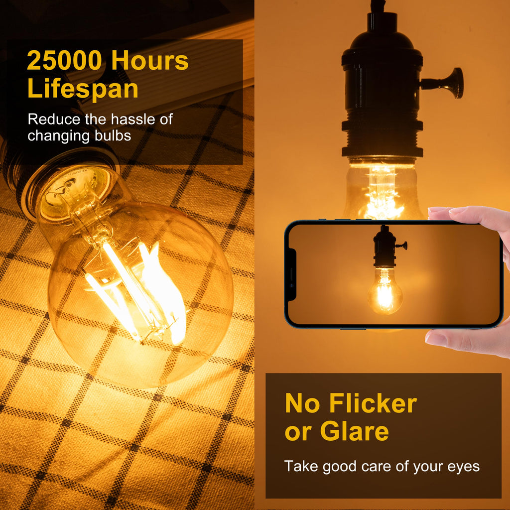 runquiz 2700K Warm Light Edison Bulbs, Vintage Warm Yellow A19 Edison Bulb, Dimmable Amber Led Soft Light Bulbs, Old Style Retro Filament Bulb, 4 Watt, 6 Pack, E26 Base