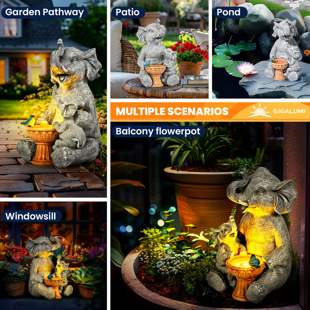 GIGALUMI Solar Garden Statues Bird Bath Elephant 9", Loving Elephant Decor, Yard Decorations Outdoor, Elephant Figurine Lights for Outside, Garden Decor Unique Housewarming Gifts for Women, Mom