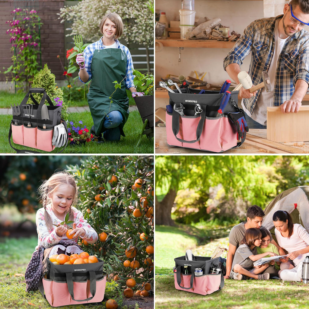 WORKPRO Garden Tool Bag, 10 Pockets and Shoulder Strap, Pink