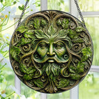 Green Man Stained Glass Suncatcher, Stained Glass Window Hanging, 8 Inch Window Decor Hanging, Gift for Garden Lovers, Fathers Day Birthday Gifts for Dad Grandpa Man Bother Husband Lover