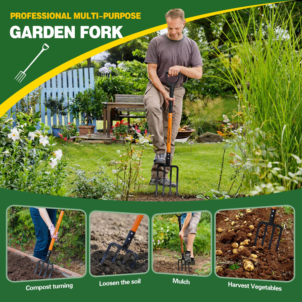 Pitch Fork for Garden, 4-Tines Garden Fork, 45-Inch Spading Fork, Heavy Duty Compost Digging Fork with Steel Handle and Enhanced D-handle, Orange