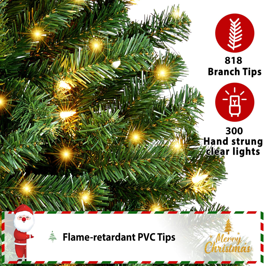 Yaheetech 6Ft Pre-lit Spruce Artificial Hinged Christmas Pine Tree Prelighted Holiday Xmas Tree for Home Party Decoration with 300 Warm White Lights and 818 Branch Tips, Green