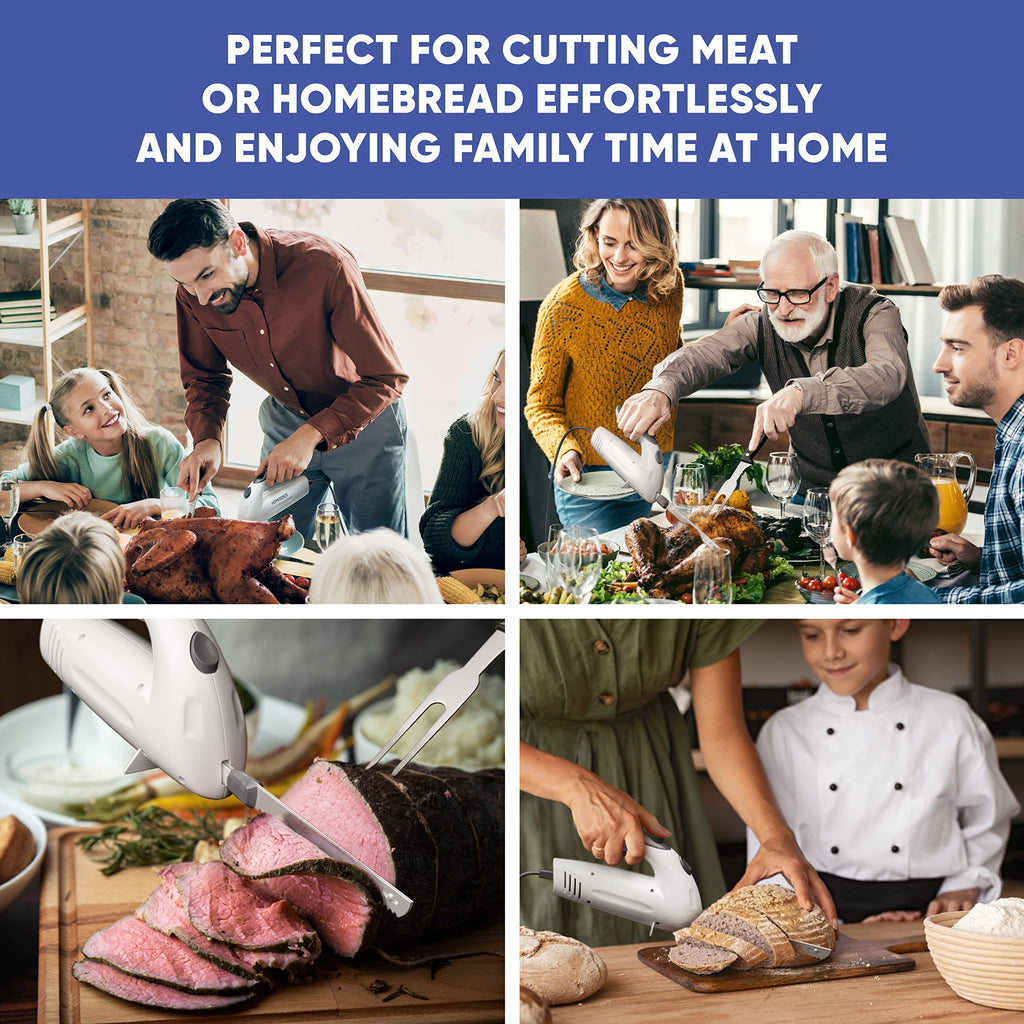 Homaider Electric Knife for Turkey, Meat Slicing, Bread, Fillet, Foam & More | Ergonomic Handle + 2 Stainless Steel Carving Blades & Serving Fork Included