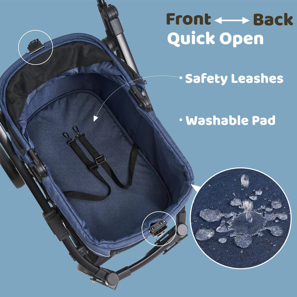 Kicari All-Terrain Dog Stroller for Small to Medium Dogs, Pet Stroller for Dogs & Cats Outdoor Walks, One-Hand Easy Fold, Double-Layer Anti-UV & Waterproof Canopy & Breathable Mesh, Midnight Blue