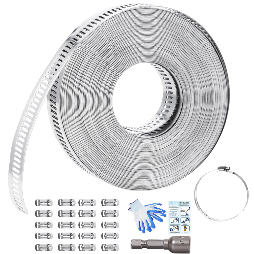 Oovivat 65FT DIY Metal Strapping Hose Clamps & 304 Stainless Steel Stronger Fasteners 20 Pack,DIY Worm Gear Large Hose Clamps Kits (01, 65ft)