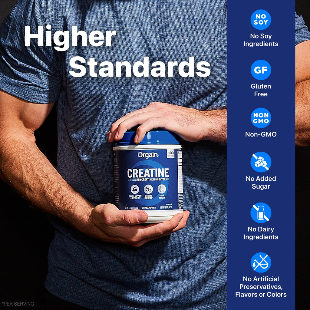 Orgain Creatine Monohydrate Micronized Powder, 100 Servings, Unflavored, Supports Muscle Growth, Post Workout Recovery and Brain Health, No Artificial Additives, for Men & Women, Vegan