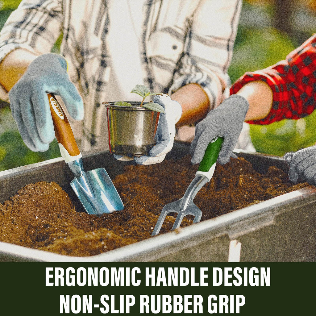 Aimerla Gardening Tools Set of 9 Heavy Duty Garden Tools with Non-Slip Rubber Grip with Large Garden Bag for Tools Durable Hand Tools for Gardening, Weeding,Gardening Gifts for Women,Men (Dark Green)
