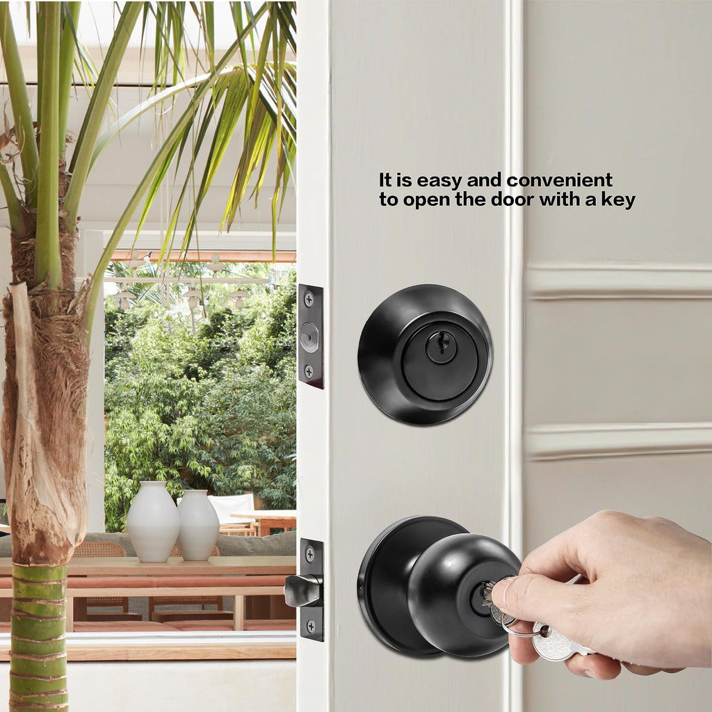 Exterior Door Lock Set with Deadbolt, Single Cylinder Deadbolt Lock and Door Knob Set, Keyed Alike Door Locks for Front Door,Matte Black Door Knob and Deadbolt Set(2Pack Set)