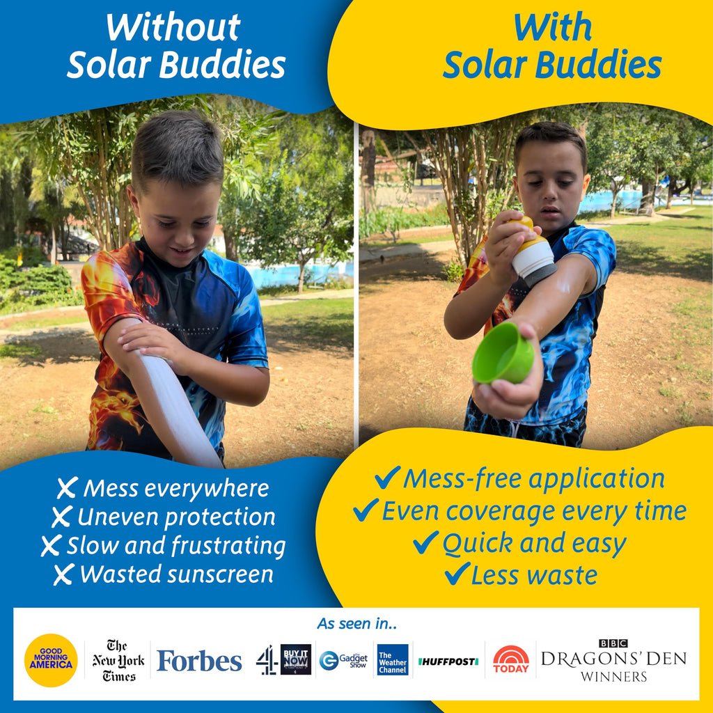 Solar Buddies Sunscreen Applicator - Pink & Green Duo - BPA-Free Refillable Roll on Sponge Sunscreen, Suncream & Lotion Applicator For Kids, Adults & Families - Holds 3.4fl oz, Perfect Size for Travel
