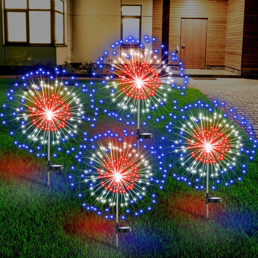 Tujoe 4th of July Decoration Outdoor 4 Pack Solar Firework Lights with 180 LED 250th Anniversary Patriotic Solar Lights 8 Lighting Modes for Yard Garden Pathway Party Decoration(Red, White, Blue)