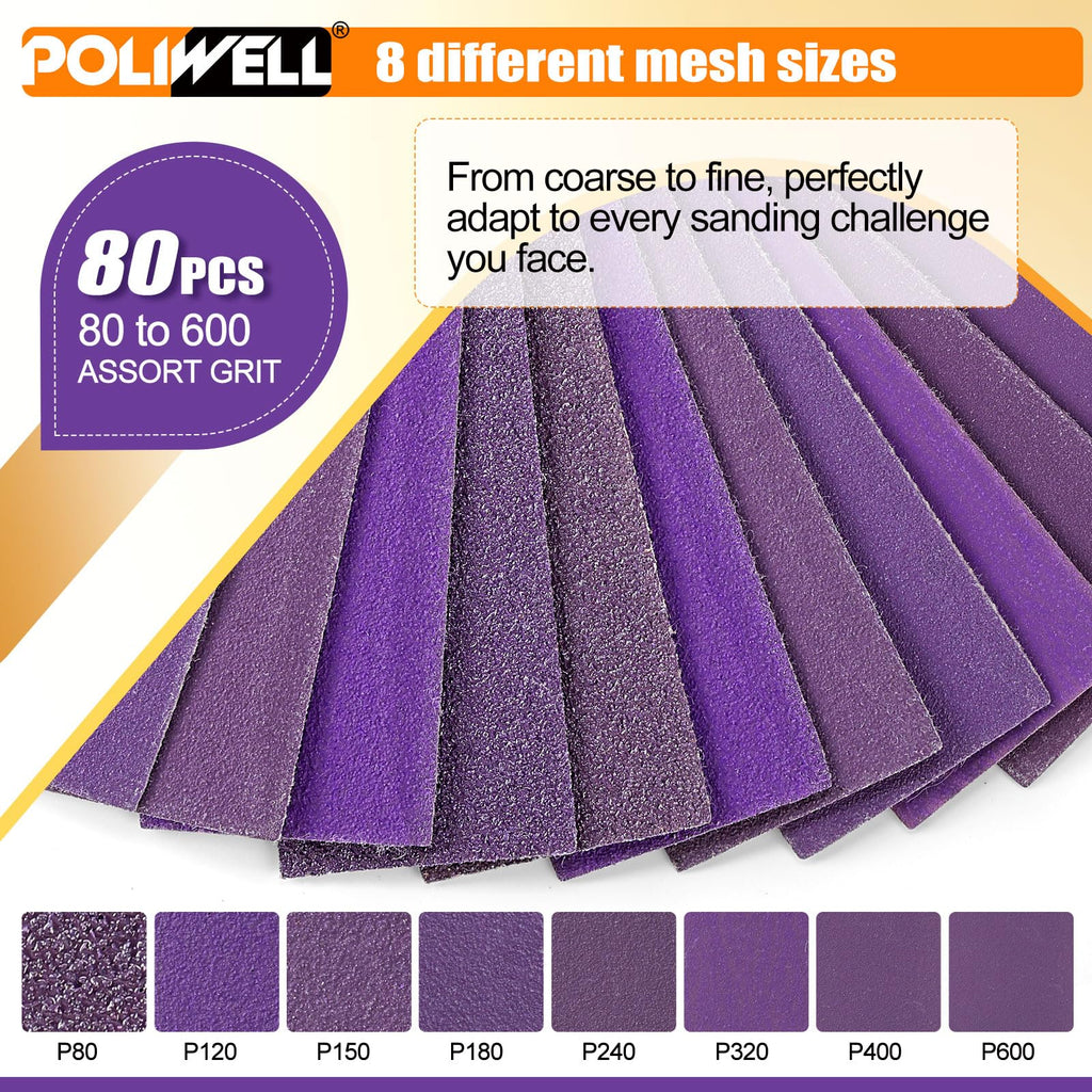 POLIWELL Micro Sand Paper Kit 3.5” x 1” Mini Sanding Block for Small Projects, Detail Handle Sanding Tools Sandpaper 80 to 600 Grit for DIY Crafts Wood Finishing Tight Narrow Spaces Polishing,80 PCS