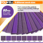 POLIWELL Micro Sand Paper Kit 3.5” x 1” Mini Sanding Block for Small Projects, Detail Handle Sanding Tools Sandpaper 80 to 600 Grit for DIY Crafts Wood Finishing Tight Narrow Spaces Polishing,80 PCS