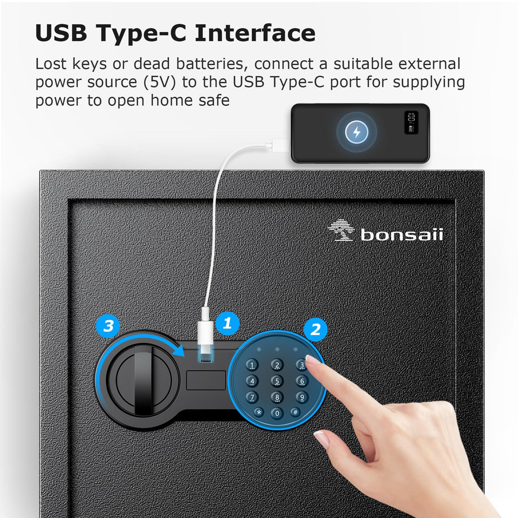 Bonsaii Safe Box with Holder and Removable Shelf, 1.2 Cu. Ft Steel Security Cabinet with Digital Keypad Lock and Type C Port for Home, Office, Valuables, Money, Jewelry, 12.99"W x 12.99"D x 14.17"H
