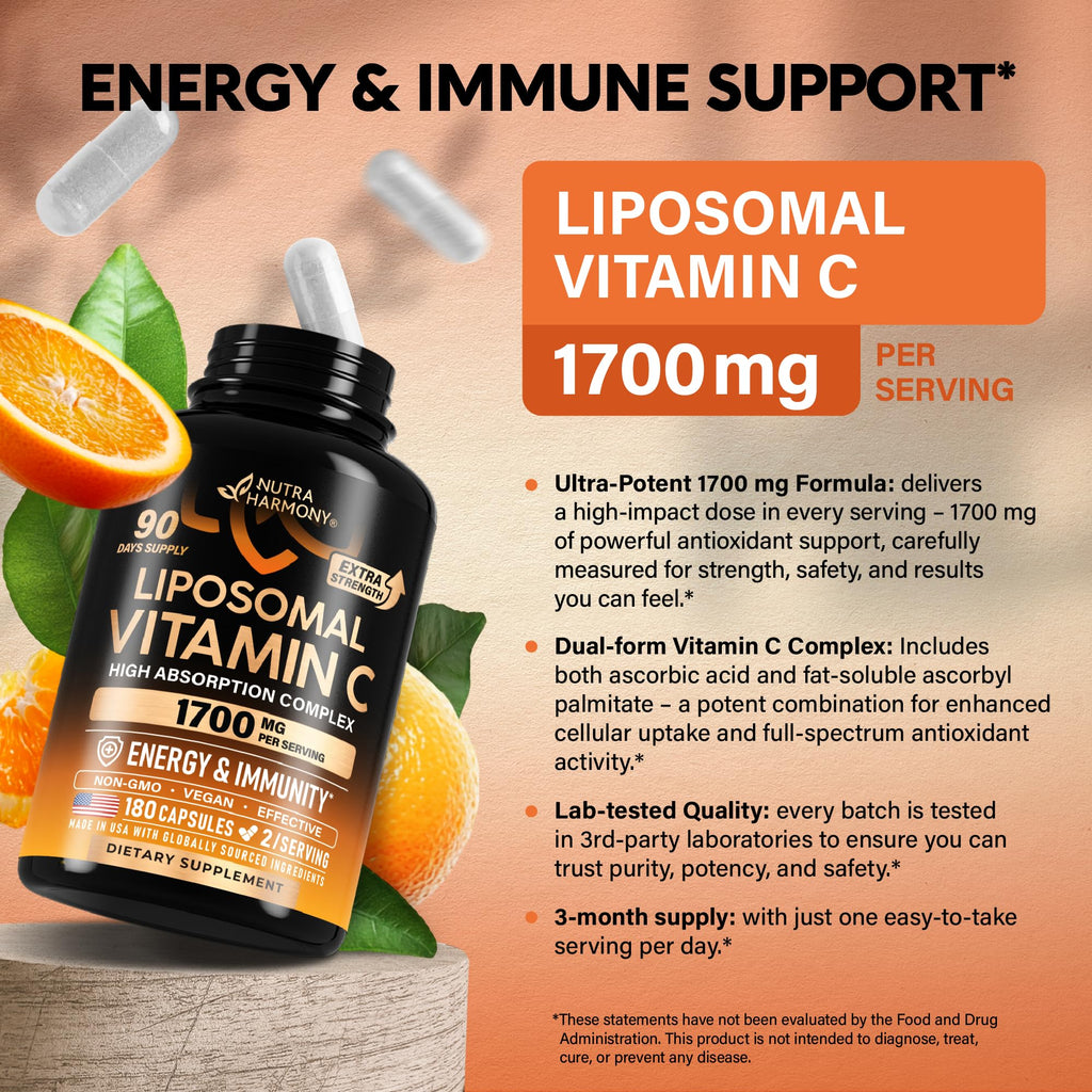 Liposomal Vitamin C 1700 mg - High Absorption Fat Soluble Complex - Antioxidant, Energy Boost & Immune Support - Vitamin C Supplement Made in USA - NON-GMO, SOY-Free & Gentle on Stomach - 180 Capsules
