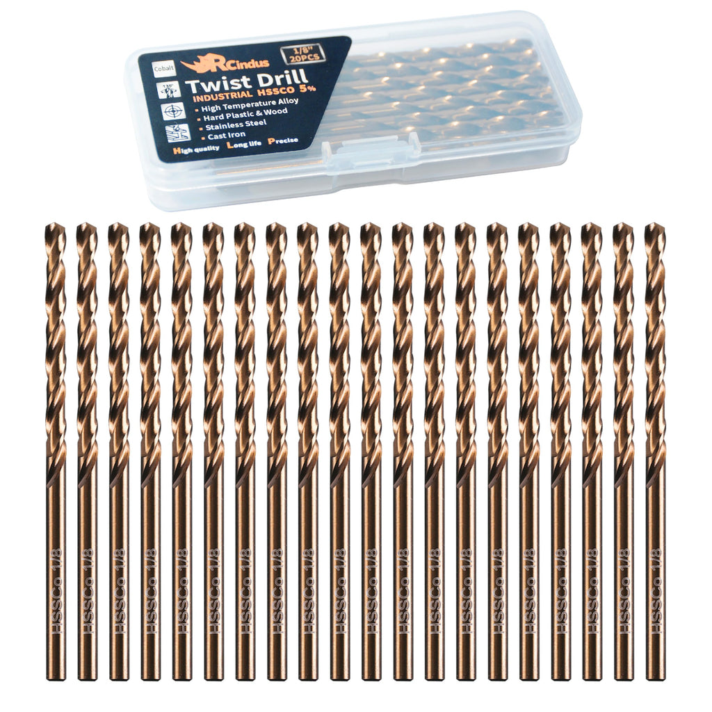 RCINDUS (20PCS) 1/8" Cobalt Drill Bit, HSS M35 Metal Drill Bits for Steel, Stainless Steel, Cast Iron, Hard Plastic and Wood