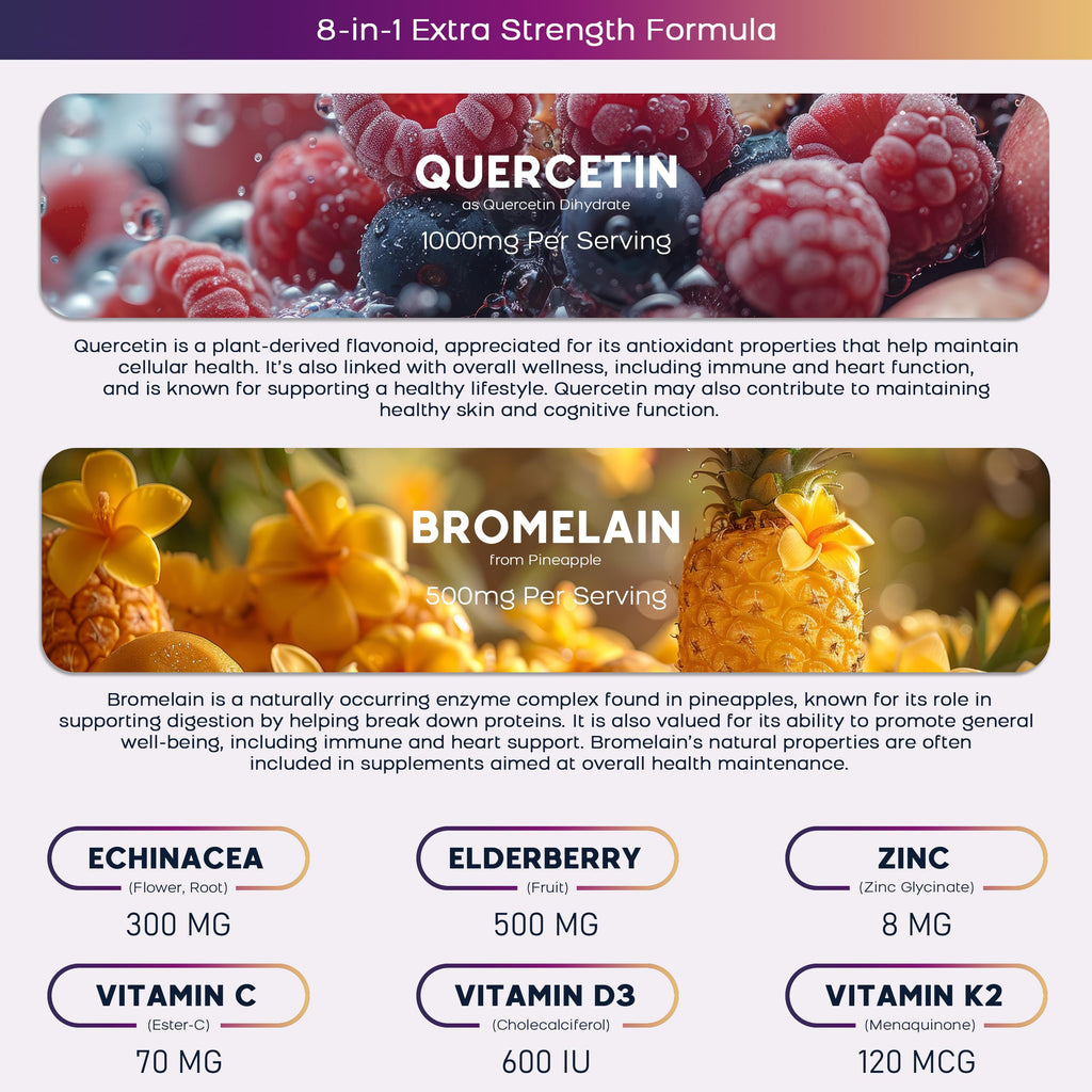 (3 Pack) Quercetin Gummies with Bromelain Zinc Elderberry Vitamin C D3 K2, Quercetin 1000mg Supplement with Bromelain 500mg for Cardiovascular, Immune System & Allergy, Vegan Gummy for Adult & Kid