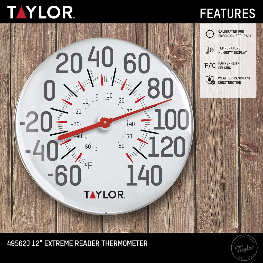 Taylor Metal Wall Indoor Outdoor Thermometer, Wireless Thermometer with Easy to Read Large Numbers for Patio, Pool, and Indoor Areas, 12-inch, White
