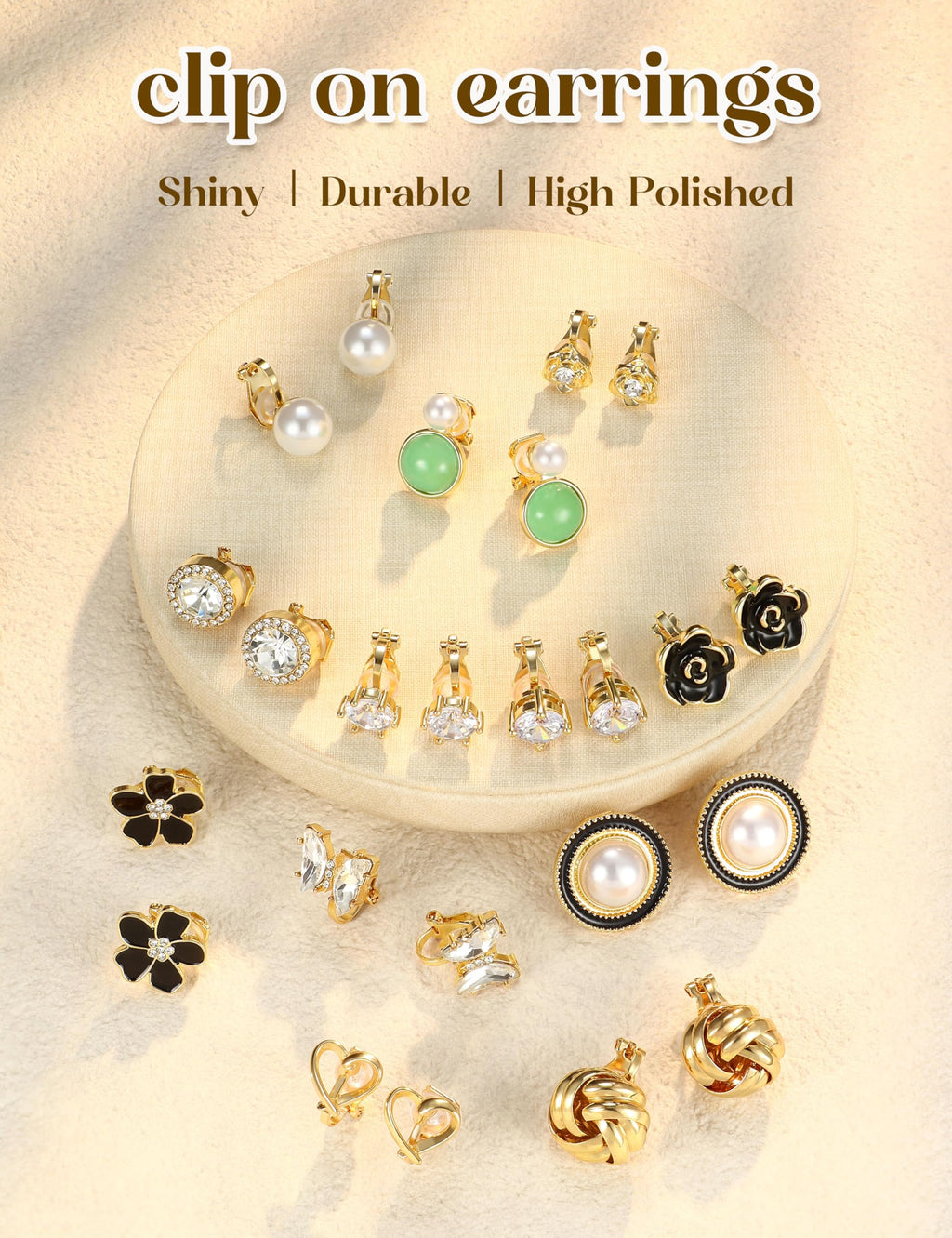 THUNARAZ 12 Pairs Gold Clip on Earrings for Women CZ Pearl Non Piercing