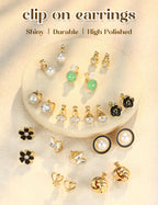 THUNARAZ 12 Pairs Gold Clip on Earrings for Women CZ Pearl Non Piercing