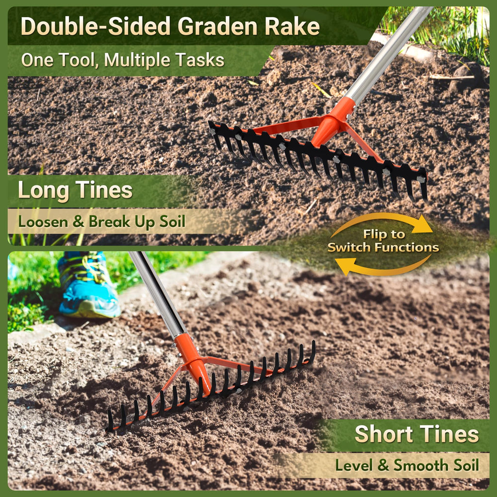 CKLT 62 Inch Garden Rake with 17 Tempered Spring Steel Tines