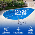 12' x 24' Oval Solar Cover for Inground and Above Ground Pools, 12 Mil - Premium Heavy Duty Solar Blanket for Above Ground Pool, Blue - Made in USA