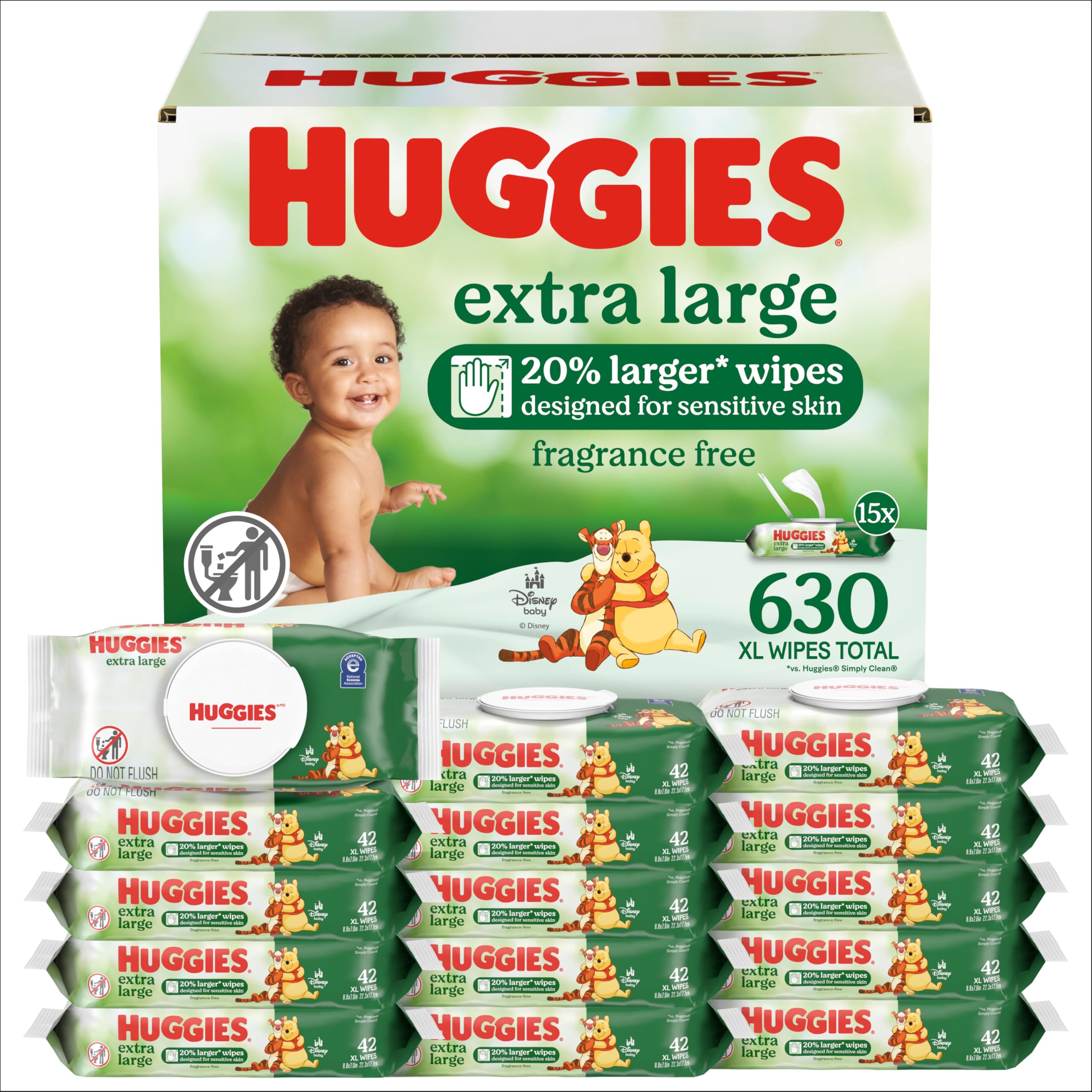Huggies Extra Large Baby Wipes, Unscented, 15 Flip-Top Packs, 630 XL Wipes Total, Packaging May Vary (Pack of 3)