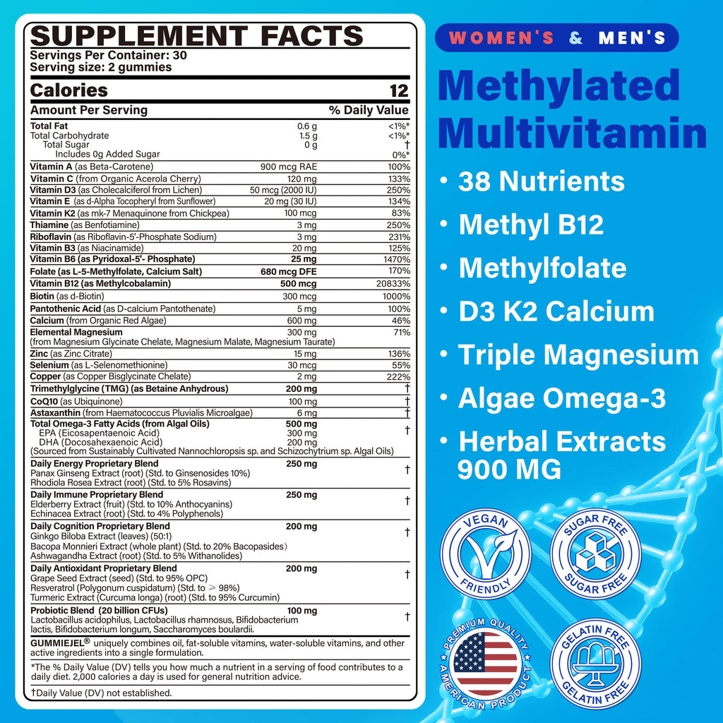 Methylated Multivitamin for Women & Men Gummies w/ Omega-3, Calcium, D3 K2, Methylfolate & B12, TMG, Daily Vitamin A, C, E, B Complex, Magnesium, CoQ10, Probiotic for Overall Health- Vegan, Sugar Free