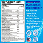 Methylated Multivitamin for Women & Men Gummies w/ Omega-3, Calcium, D3 K2, Methylfolate & B12, TMG, Daily Vitamin A, C, E, B Complex, Magnesium, CoQ10, Probiotic for Overall Health- Vegan, Sugar Free