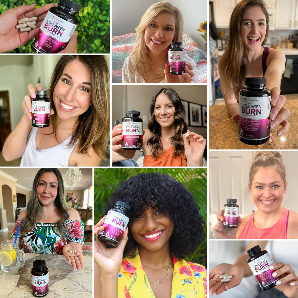 Multi Collagen Burn: Multi-Type Hydrolyzed Protein Peptides with Hyaluronic Acid, Vitamin C, SOD B Dimpless, Types I, II, III, V and X, Caffeine-Free (Unflavored Capsules)