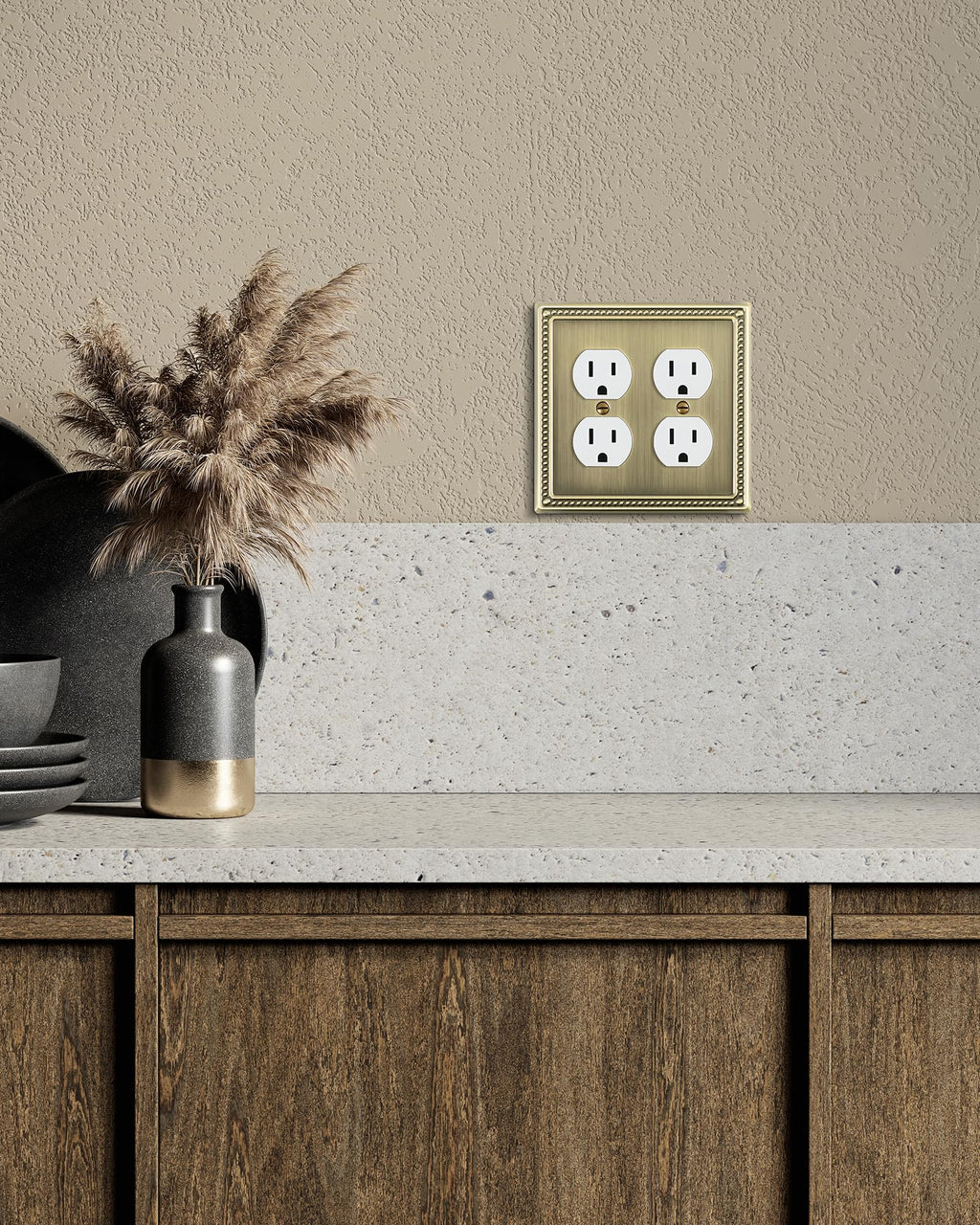 TREEWELL 2-Pack Double Duplex Outlet Cover, Antique Brass Metal Switch Plates and Outlet Covers, Pearls Decorative Wall Plates for Electrical Outlets, 2 Gang Receptacle Cover, Corrosion Resistant
