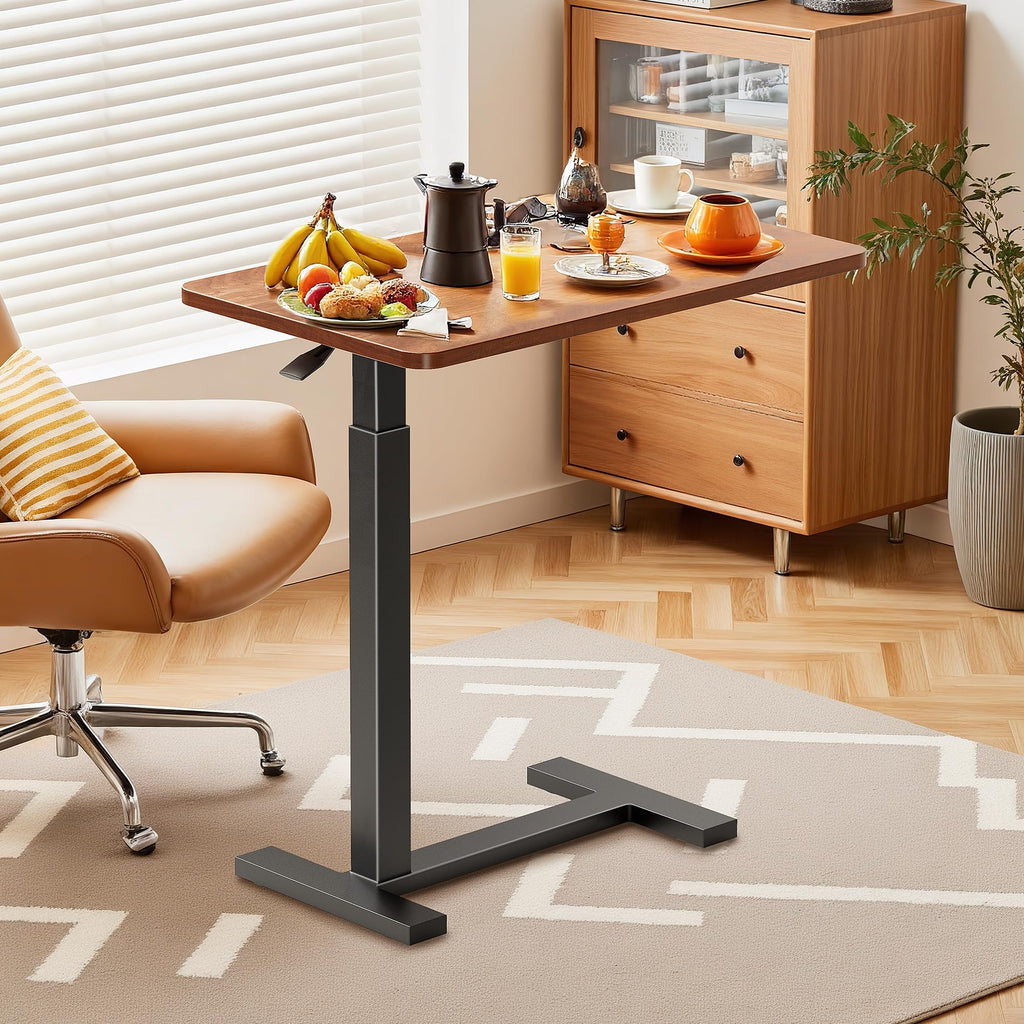 Simple Deluxe Adjustable Overbed Bedside Table with Wheels, Pneumatic Adjustable Hospital & Home Use Bed Table, Rolling Laptop Table, Mobile Standing Desk, Brown