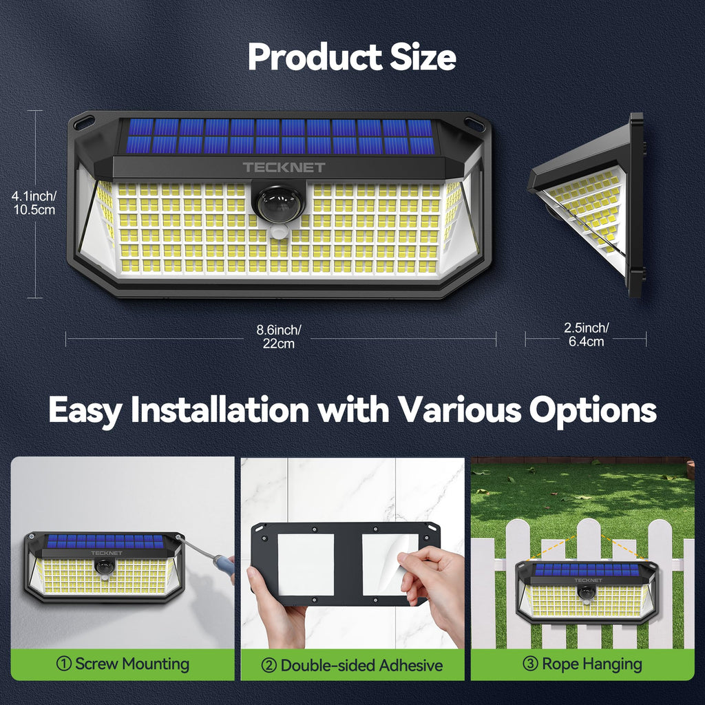 TECKNET 4200LM 416 LED Solar Lights Outdoor IP66 Waterproof,Solar Motion Lights Outdoor with 300° Angle & 3 Lighting Modes,Solar Outdoor Lights for Patio Yard Deck Front Garden Garage- 4 Pack