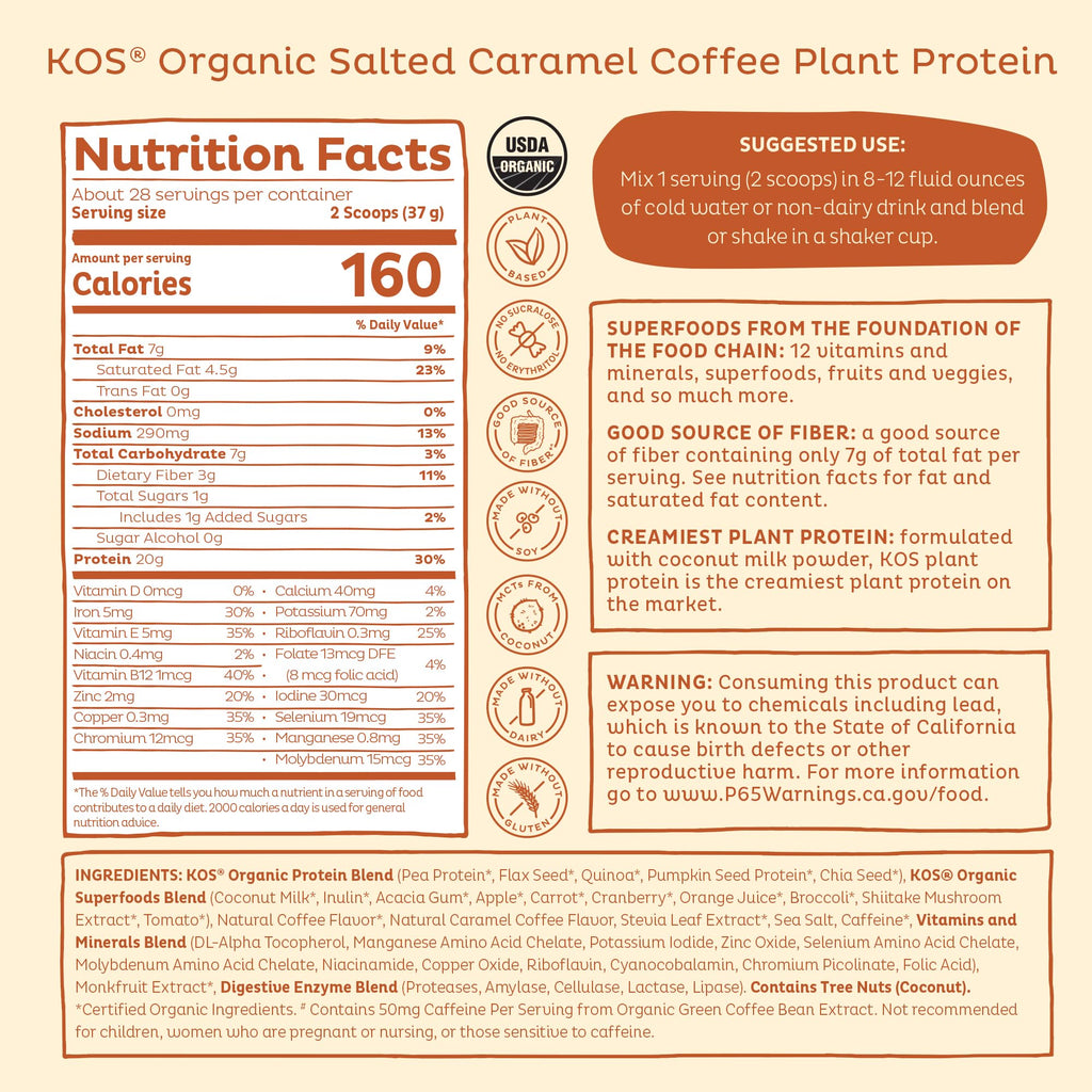 KOS Organic Vegan Protein Powder with 50mg Caffeine, Salted Caramel Coffee - Pea Protein Blend, Plant Based Superfood Rich in Vitamins & Minerals - Meal Replacement for Women & Men, 28 Servings