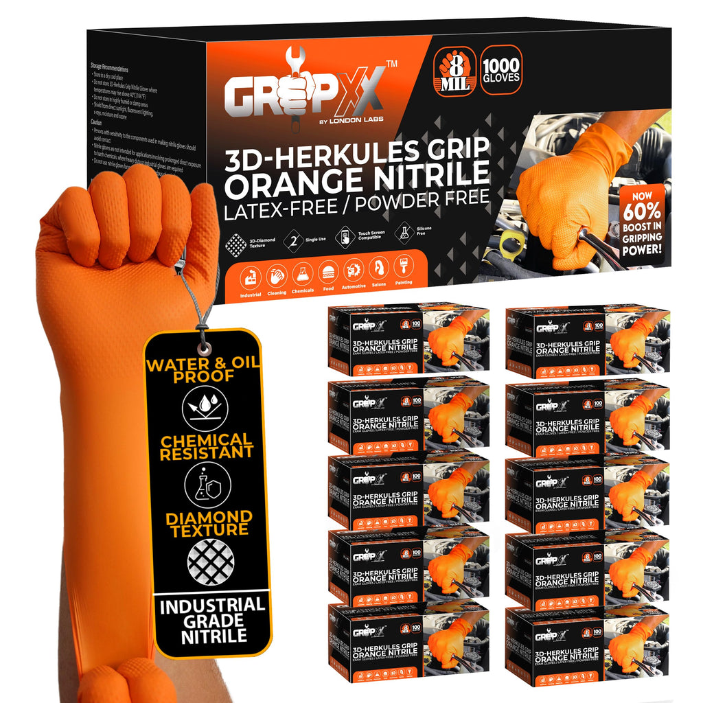 GRIPXX Herkules Grip Heavy Duty 8Mil Orange Nitrile Gloves,3D Raised Diamond Texture-Latex & Powder Free-Industrial, Mechanic (10, Large)