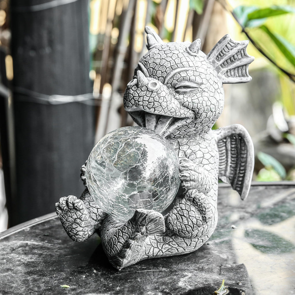 Jy.Cozy Garden Dragon Statue Solar Powered Outdoor Figurine Light Decor Cute and Hold Glowing Glass Ball Resin Sculpture Home Decoration for Porch Patio Lawn Farm Yard Housewarming Ornament Gift