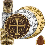 Large Pirate Coins - 36 Bronze, Silver & Gold Treasure Coin Set - Metal Replica Spanish Doubloons for Halloween Pirate Party Decorations & Favors, Tokens, Cosplay - Pirate Treasure Chest - Mixed Sizes